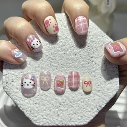 Sweet Cute Romantic Handmade Press On Nails Strawberry Cat Short Fake Nail Patches Pink Cat Claw Art Nails