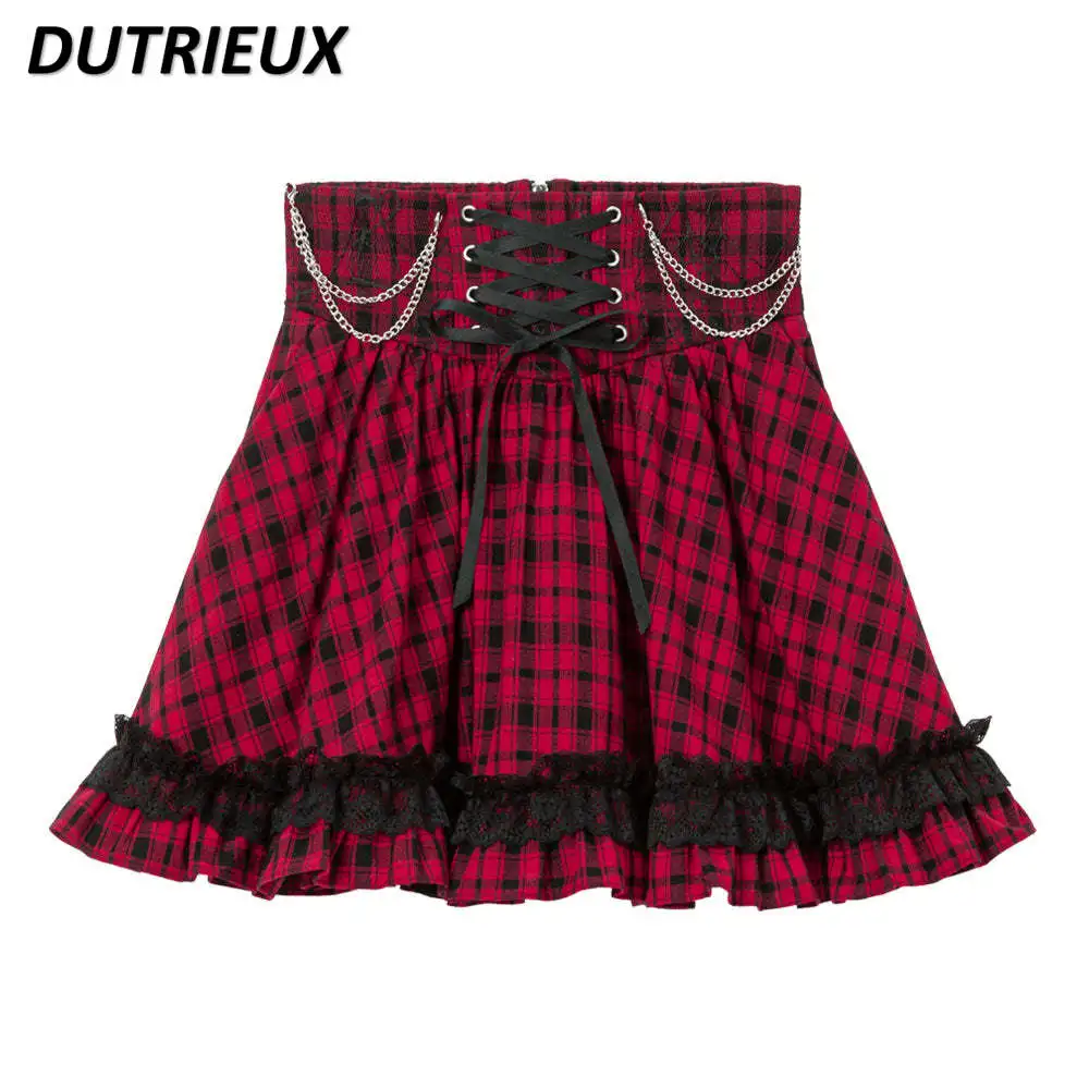 New Refined Handmade Lace Stitching Skirt Japanese Style Sweet and Cute Lace-up Waist-Controlled Slimming Skirts All-Matching