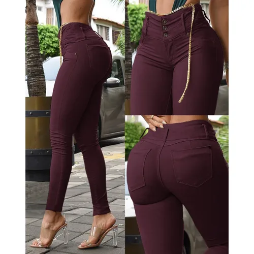 Imagen 2 del producto Pantalones nuevos de primavera y otoño para mujer, pantalones ajustados con botones de cintura alta de Color sólido, pantalones pitillo ajustados a la moda para mujer