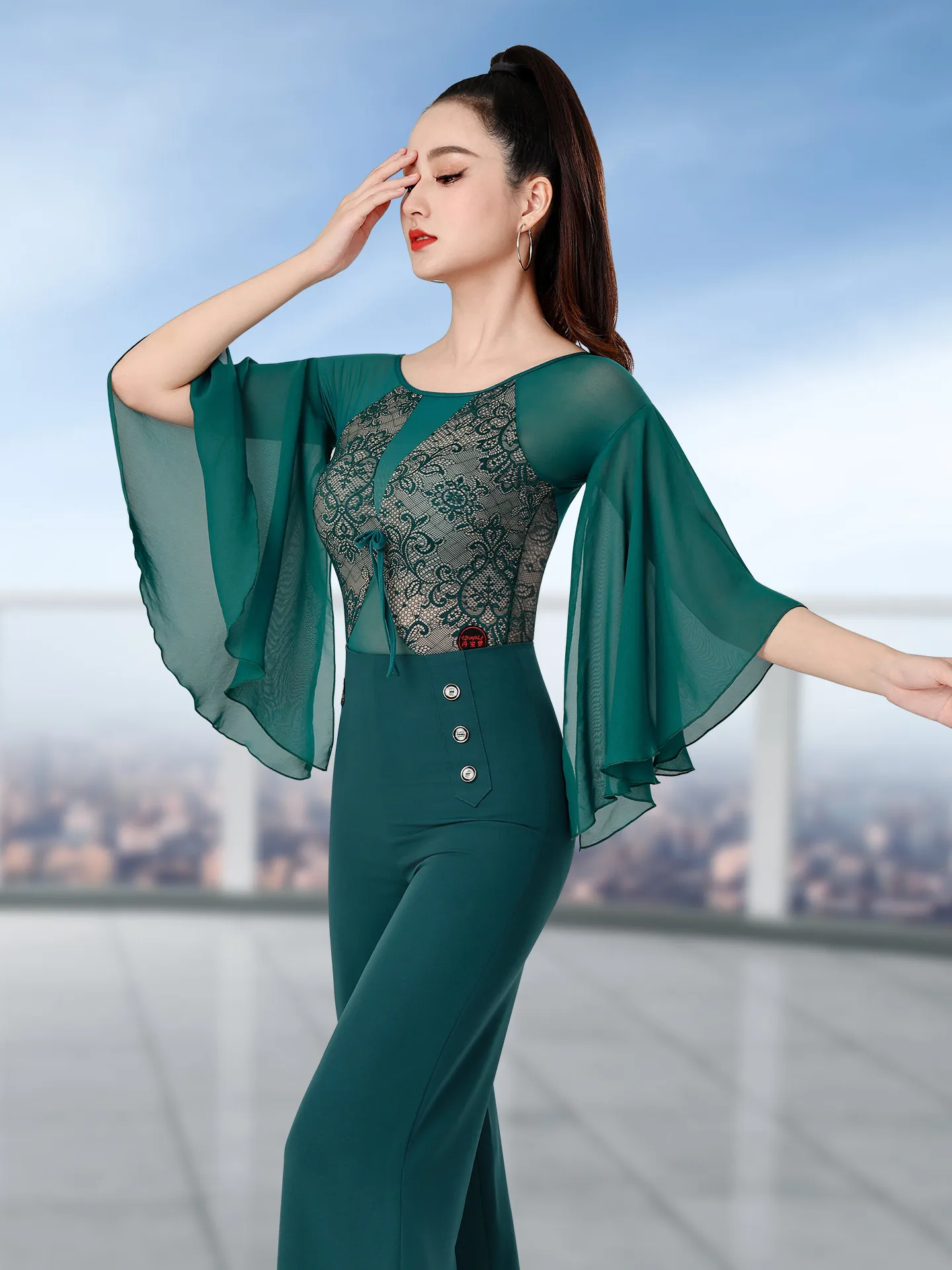 Leotardo de danza moderna, corpiño de manga flotante de encaje, Top de baile de salón de vals, ropa de baile latino