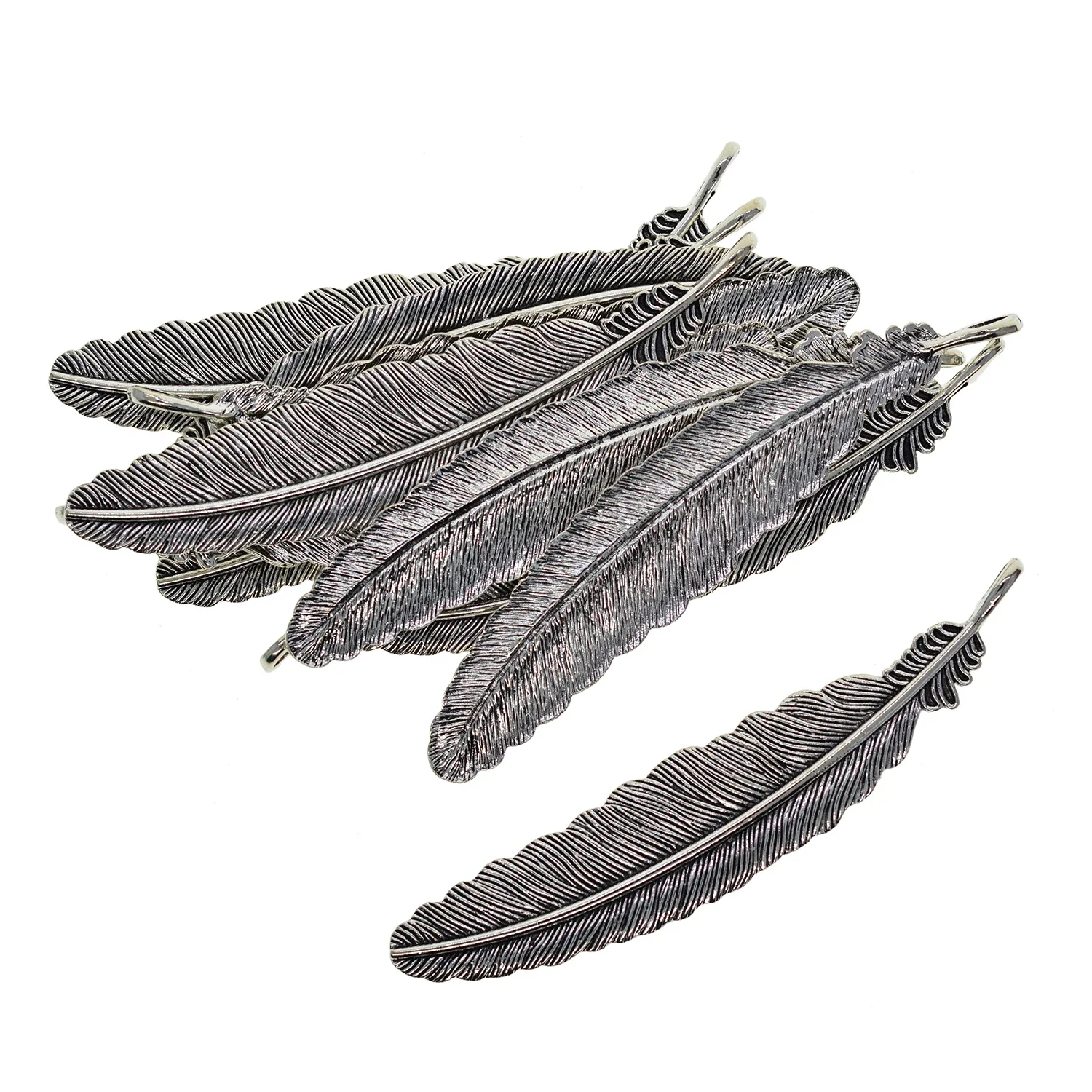 レトロなシルバーメタルブックマーク、長い空白のビーズ、羽のdiy、4.3 