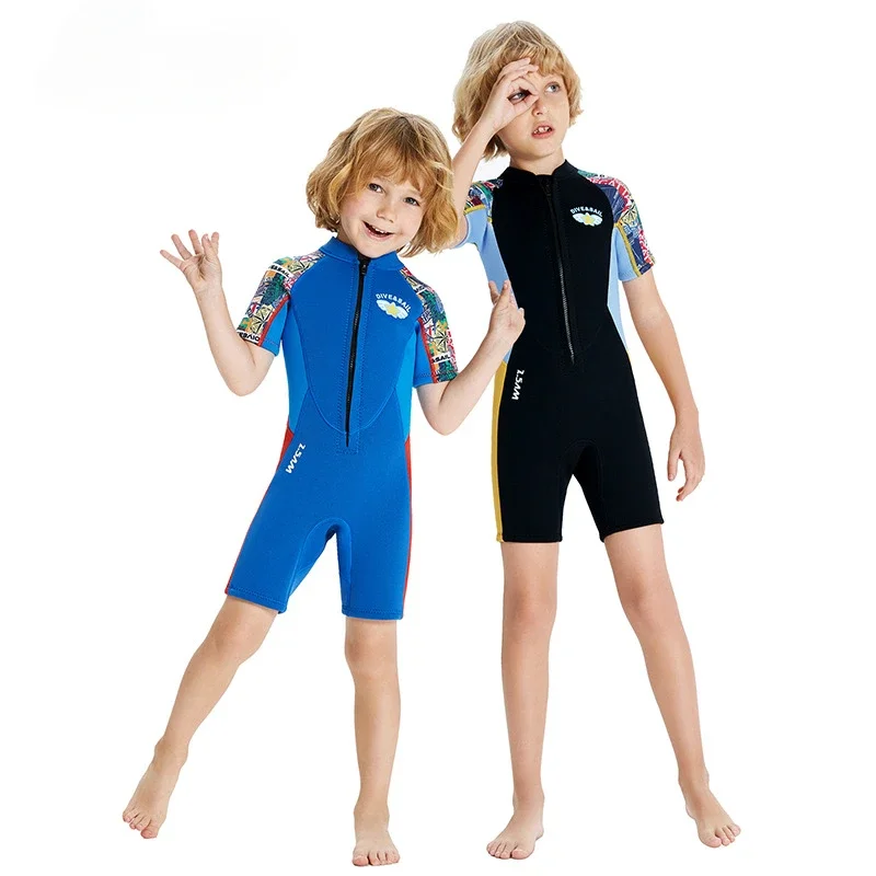 DIVE&SAIL Kids Wetsuits Short Sleeve Full Body 2.5MM Neoprene Thermal Wetsuit for Diving Swimming Snorkeling Surfing