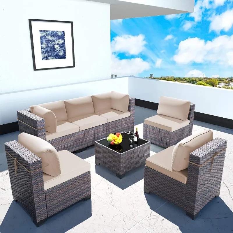 

Outdoor Patio Furniture Set - All-Weather PE Rattan Sectional Wicker with Replaceable Khaki Waterproof Cushions & Coffee Table