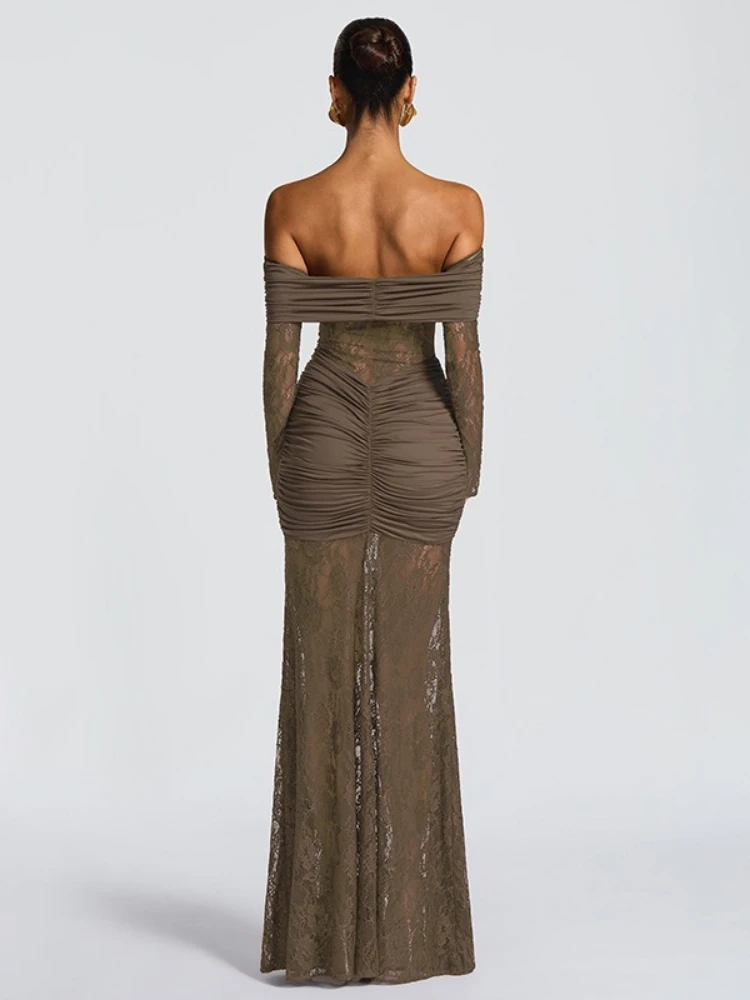 XIAOTANG-maxivestido Sexy de manga larga con hombros descubiertos para mujer, vestido de encaje transparente sin tirantes y espalda descubierta, vestidos de fiesta ajustados para discoteca