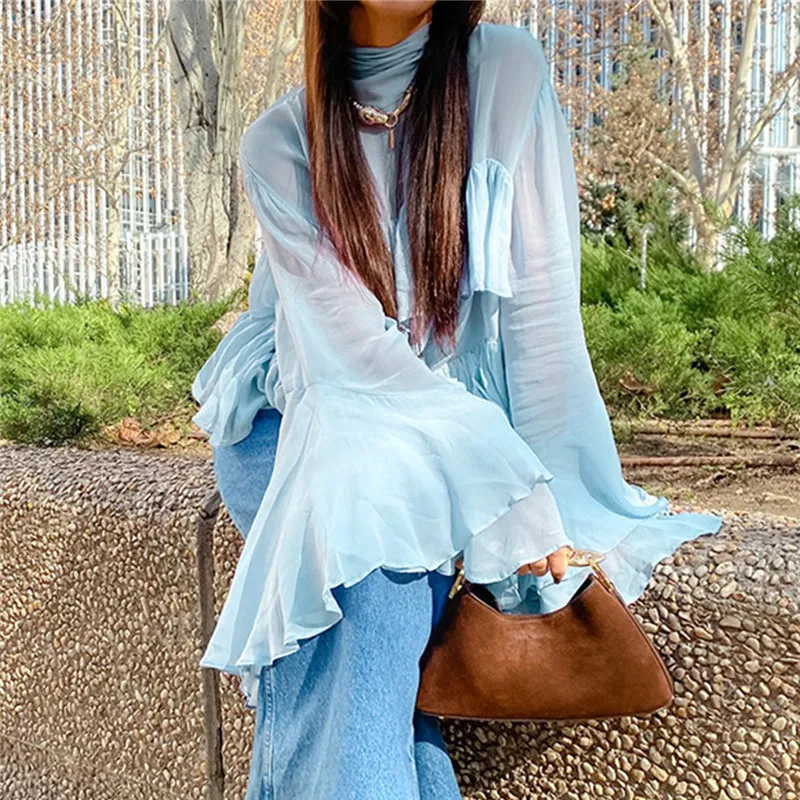 

hirigin Temperament Turtleneck Blouse Women Blue Mesh See Through Ruffles Flare Sleeve Tops New Chic High Street Blouses