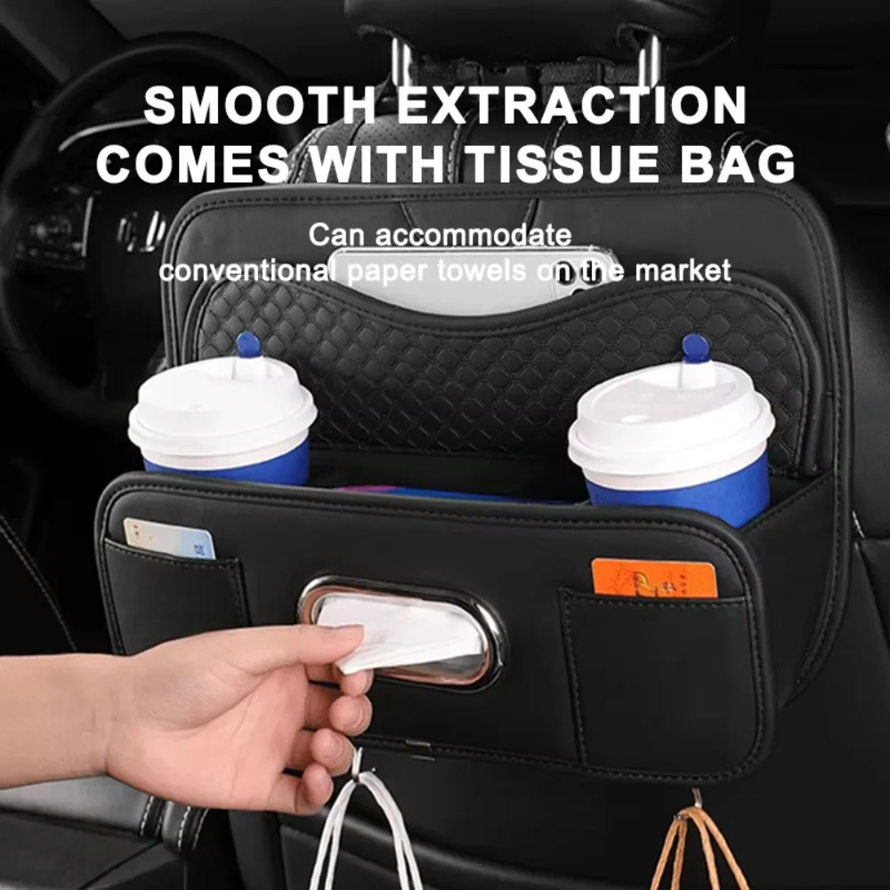 Partition Design Car Backseat Storage Box Anti-wear Space Saving Car Drink Cup Holder with Hook Water-proof Vehicle Tissue Box