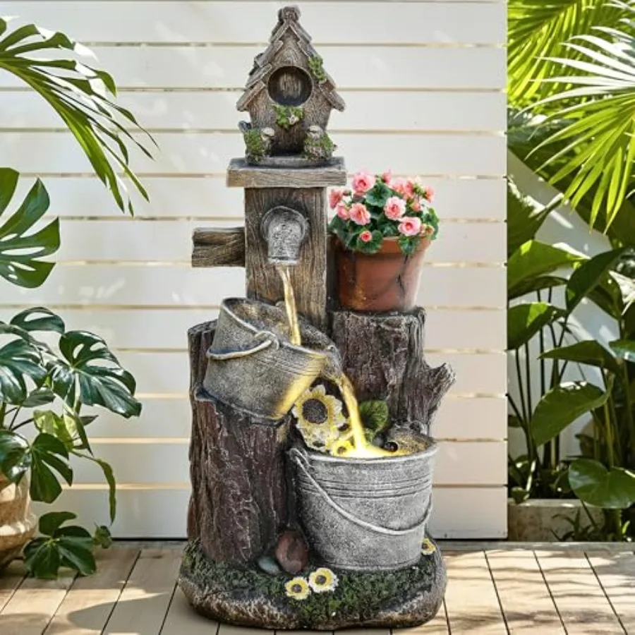 

20 Resin 3-Tier Outdoor Birdhouse Fountain with LED Lights for Patio Garden Backyard Porch Pastoral Cascading Waterfall in Whit