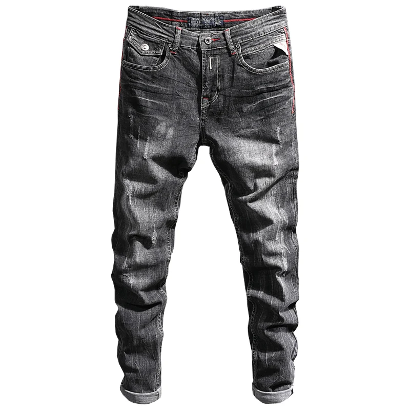 Italian Style Fashion Men Jeans Retro Black Gray Slim Fit Stretch Ripped Jeans Men Trousers Vintage Casual Denim Pants Hombre