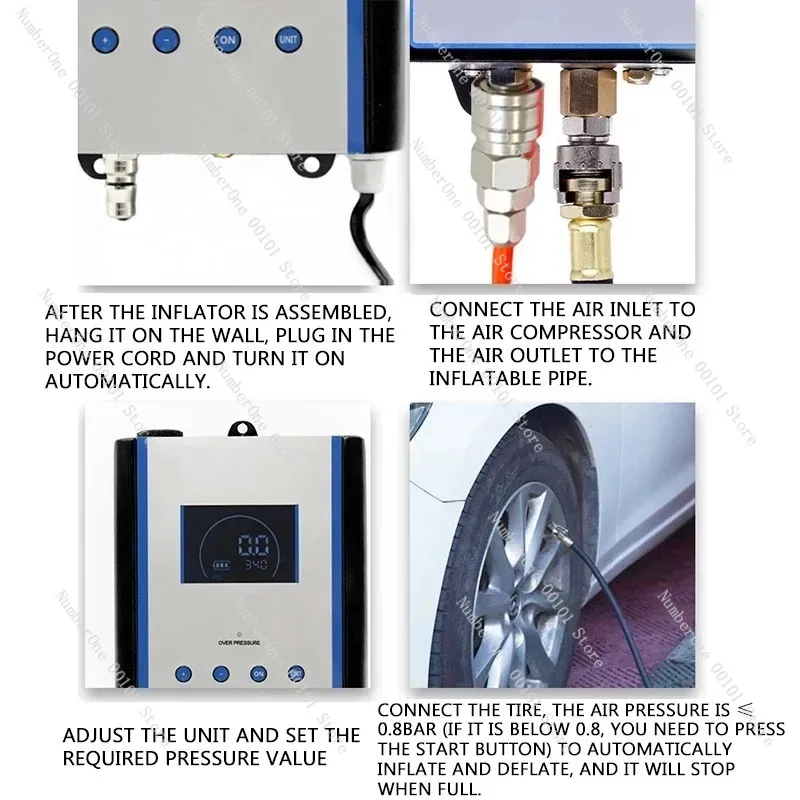 DP-Q04 wall-mounted tire inflator, featuring a fully automatic digital LCD display, is suitable for car tires