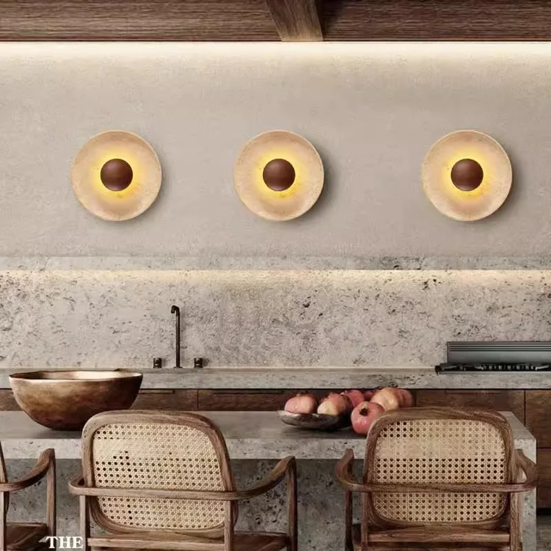 Restaurant Hotel LED Lighting Walnut Natural Wood Round Travertine Wall Sconce Wabi Sabi Wall Lamp for Bedside Lights