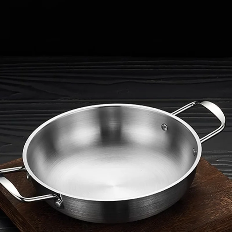 Dual Loop Handle Frying Pans 1350ML Thicken Stainless Steel Flat Bottom Skillet For Cooking Seafood Fried Rice Silver