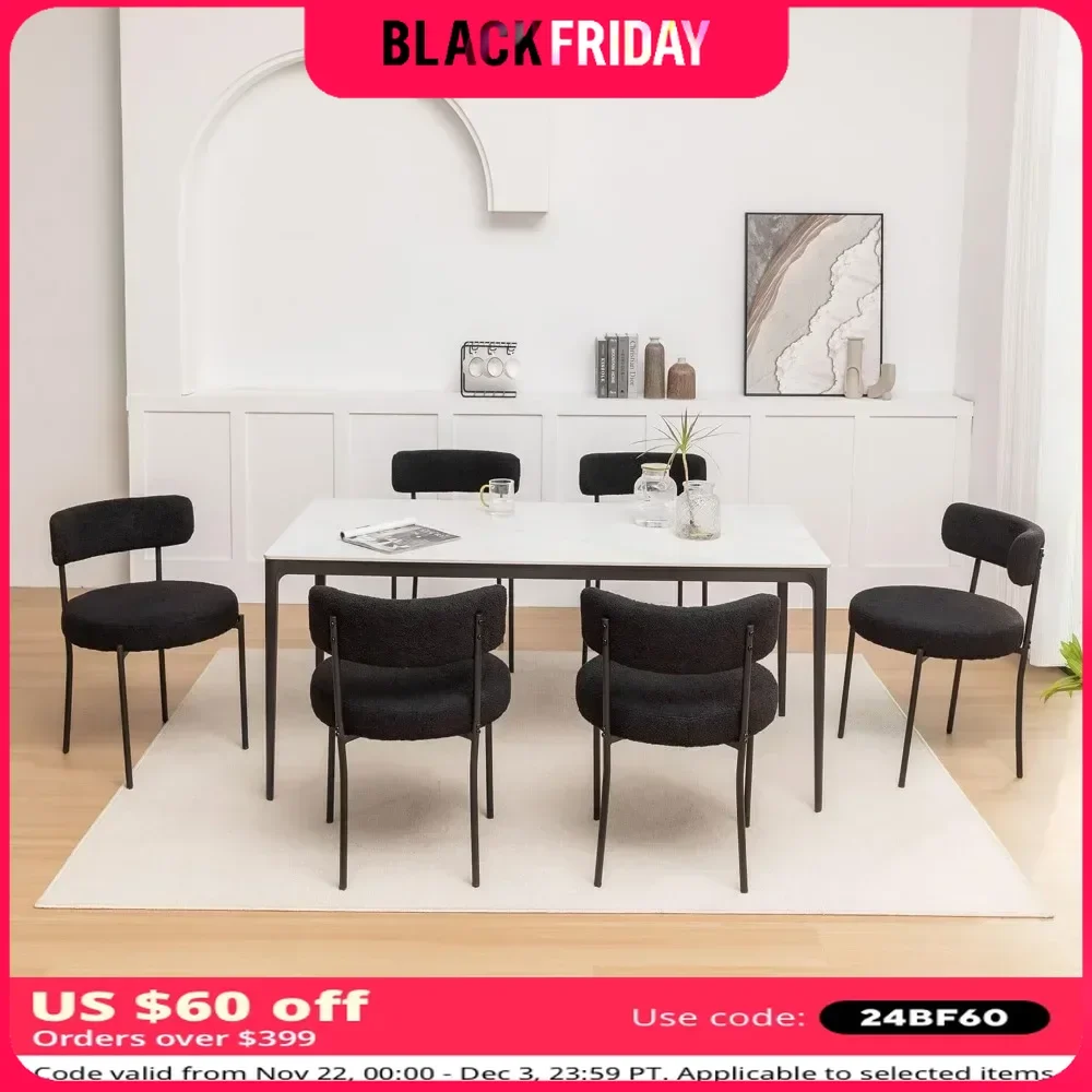 Dining Chair Set of 6 with Black Metal Legs for Dinings Room, Kitchen, Living Room, Modern Round Upholstered Dining Chair