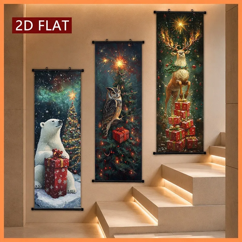 VIKAMA 3PCS Christmas Wall Tapestry, Dark Blue Night Forest Tree Scroll Banner for Xmas Window Bedroom Decor