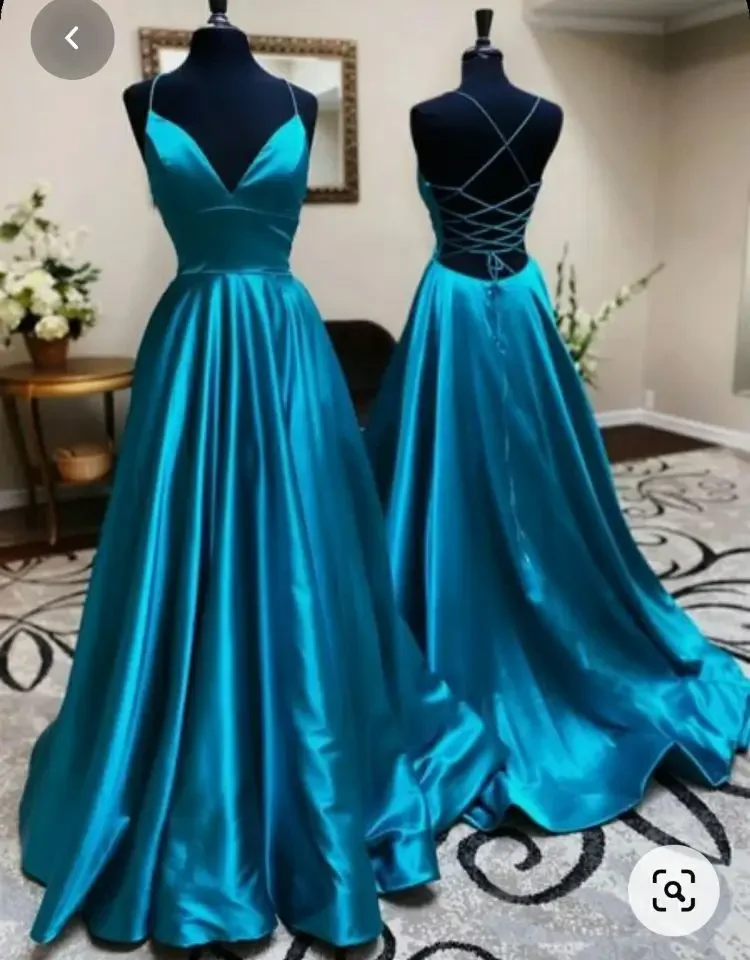 

Sexy Long V-Neck Peacock Blue Satin Prom Dresses with Pockets A-Line Sweep Train Backless Abendkleider Robes de Soirée for Women