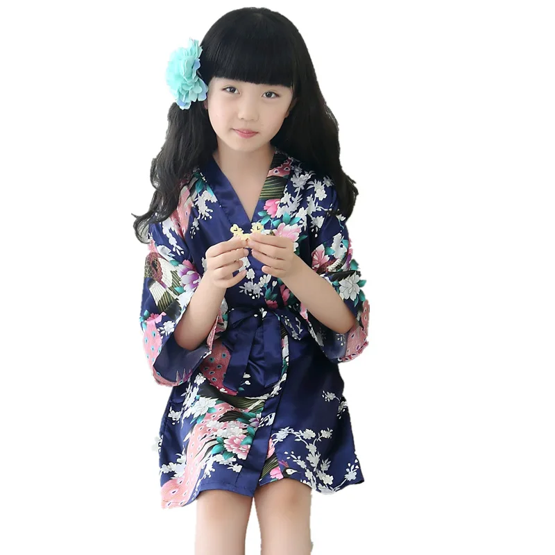 Children Traditional Japanese Pajamas Robe Kimono Haori Yukata Nightgown Japan Style Soft Gown Sleepwear Obi Outfits Girls Robe