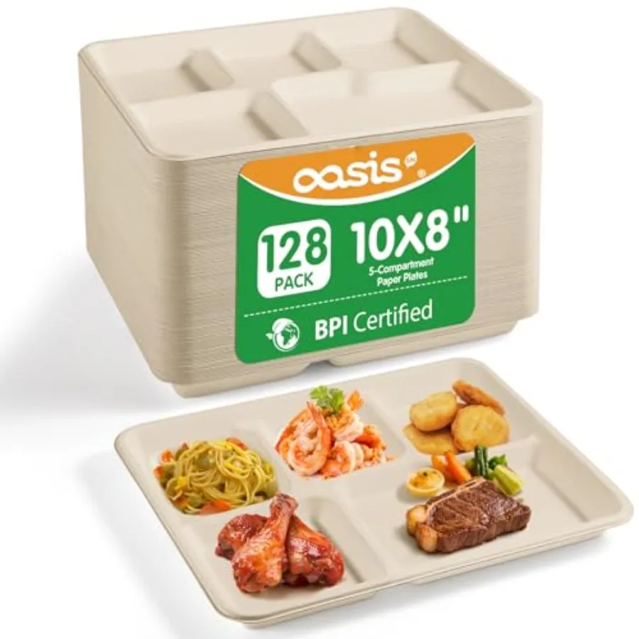 

10x8 128-Pack 5-Compartment Divided Plates, Ideal for Light Meals, Lunch, Meal Prep Party, Heavy Duty Compostable Bagasse Plate