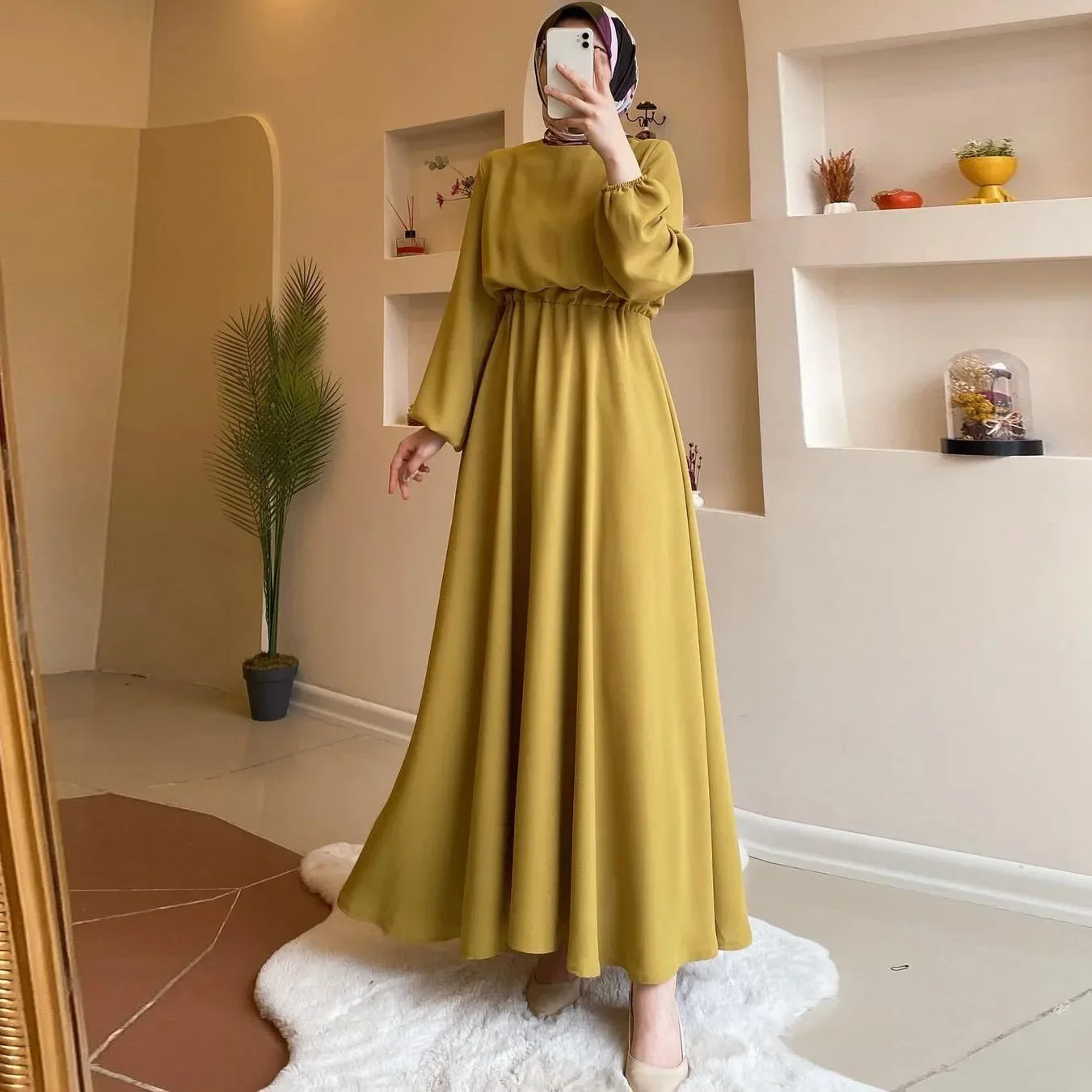 

Women Eid Muslim Abaya O Neck Puff Sleeve Kaftan Arab Solid Color Long Robe Party Dress Vestidos Slim Fit Morocco Ramadan