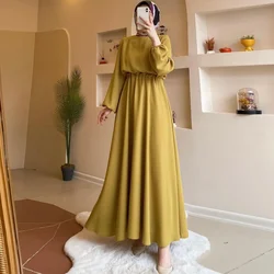 Women Eid Muslim Abaya O Neck Puff Sleeve Kaftan Arab Solid Color Long Robe Party Dress Vestidos Slim Fit Morocco Ramadan