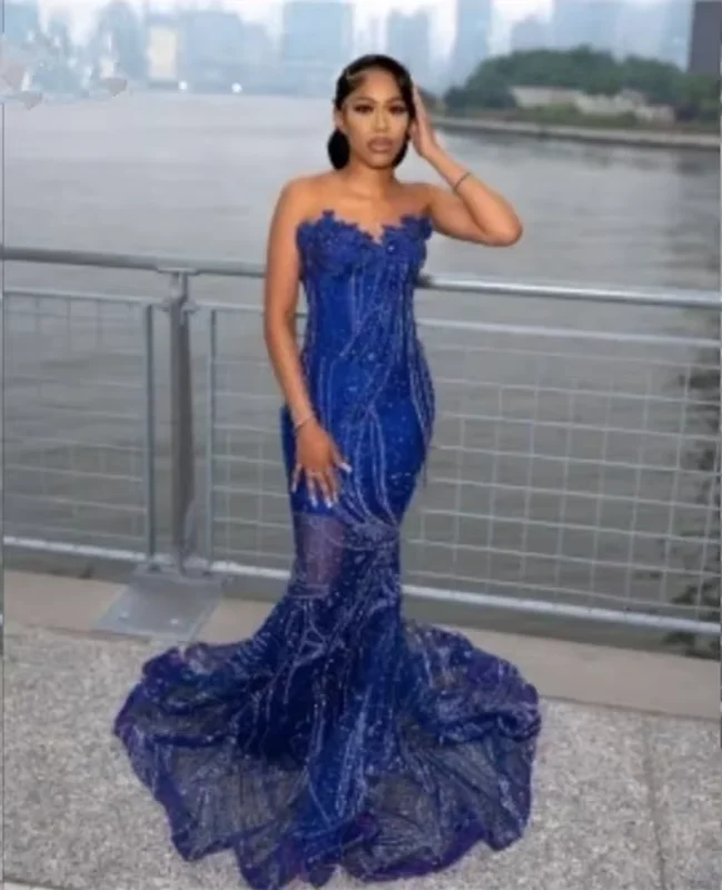 흑인 소녀를위한 섹시한 블루 댄스 파티 드레스 2025 럭셔리 아가 스팽글 인어 파티 가운 Maxi vestidos de graduación Customized