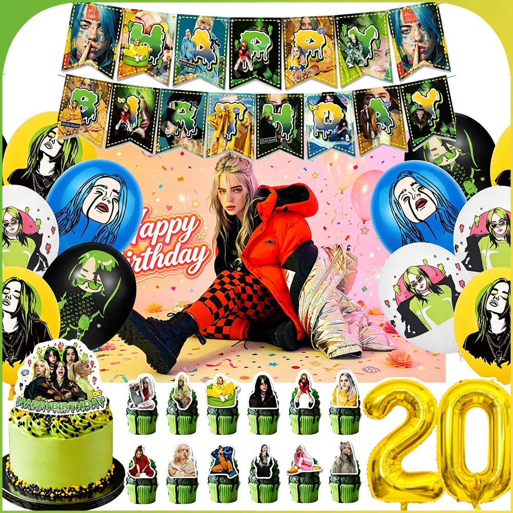 Image of Superstar Billie Eilish Geburtstagsparty Dekorations-Set mit Ballons, Tortendekoration, Hintergrund und Geschenken für Fans