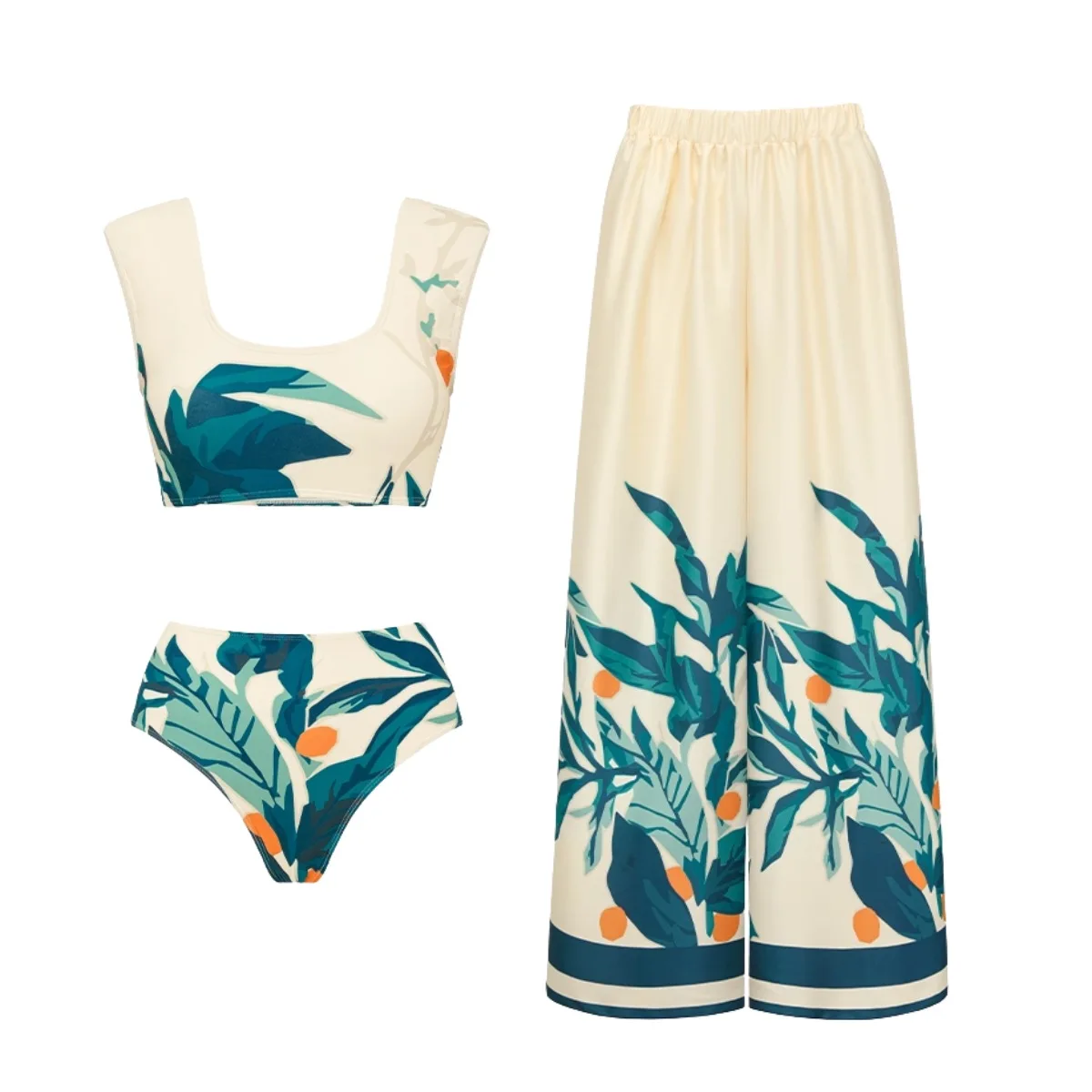 Women's High Waist Bikini Swimsuit Set Fresh Small Print with Split Design New Style for Beachwear And Poolside