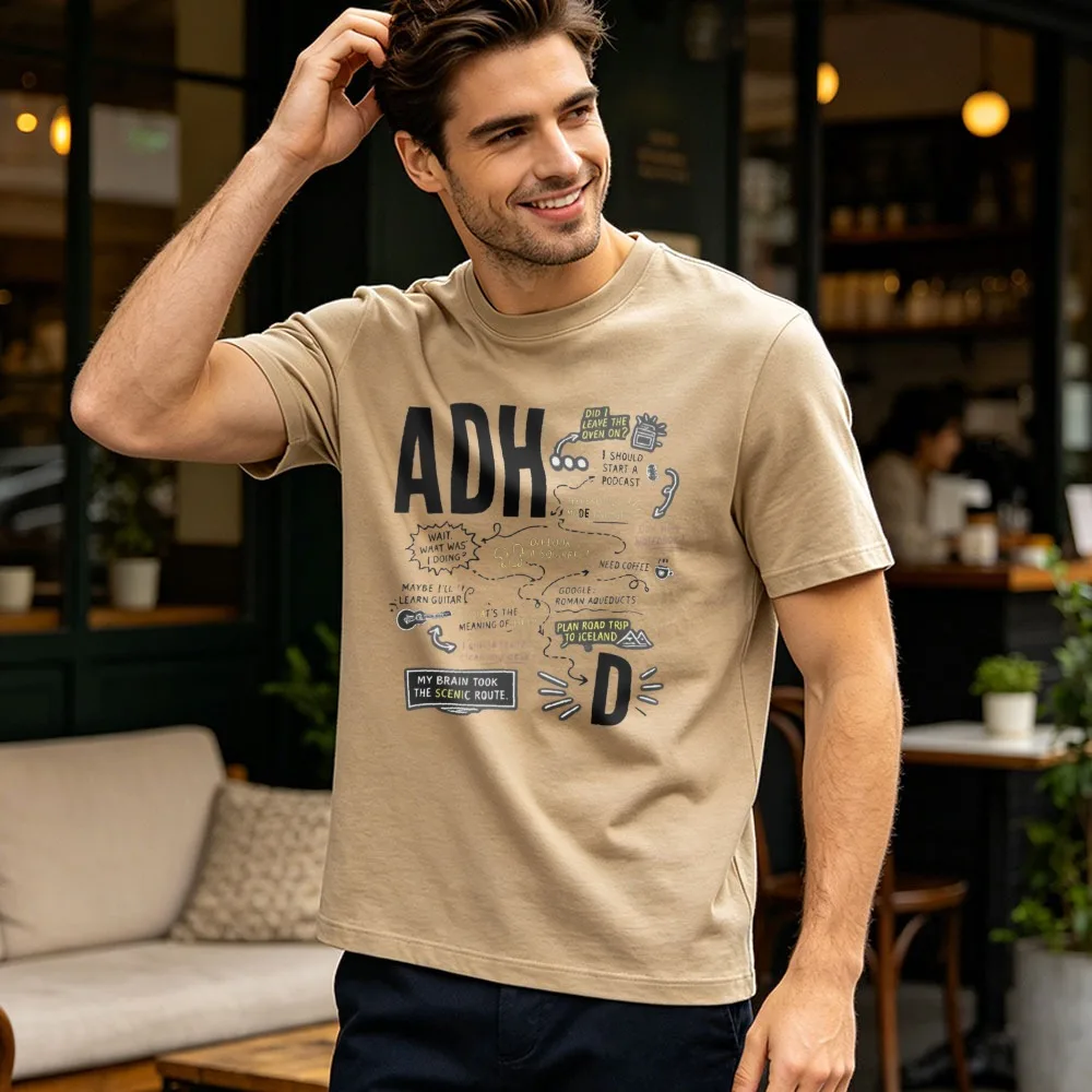 ADHD My Brain Took The Scenic Route Funny Mind Map Graphic T-Shirt Humorous Casual Tee Humorous Mental Health Cotton T-Shirt
