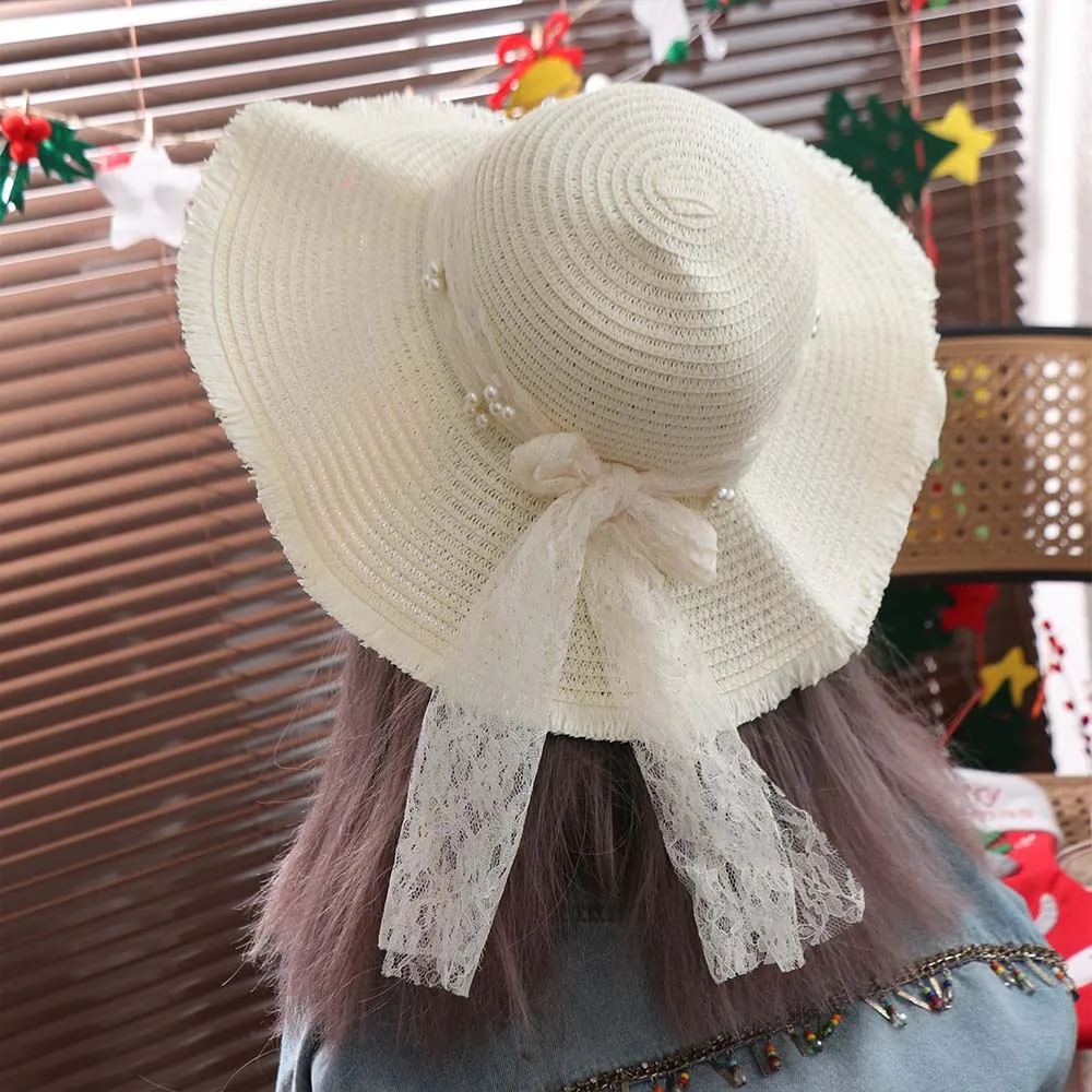 

Соломенная шляпа в французском стиле с бантом и жемчугом, складная, с широкими полями, для пляжа и путешествий, женская, весна-лето