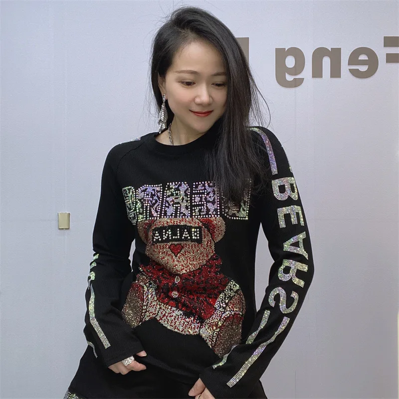 Fashion Heavy Industry Cartoon Letter Rhinestone Round Neck T-shirt Female Autumn New Black Long Sleeve Pullover Bottoming Shirt