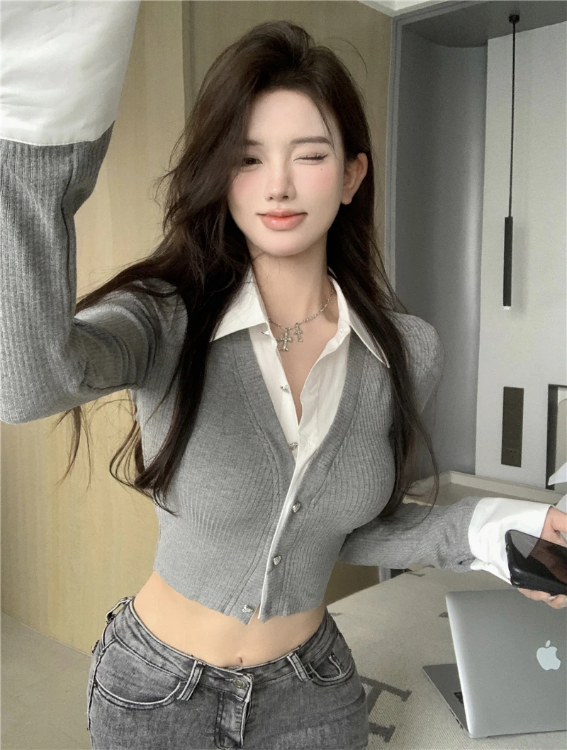 Sweaters for Women Sexy Crop Top Grey Cardigans Sueters De Mujer Shirts Feminino Aesthetics Grunge Knitted Cropped Cardigan