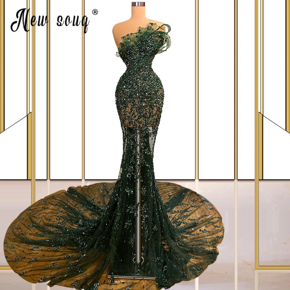 Nieuwe Green Elegant Mermaid Sexy Off Schouder Mermaid Avond Dresse Toga Luxe Kralen Veren 2023 Vrouwen Party Gewaden