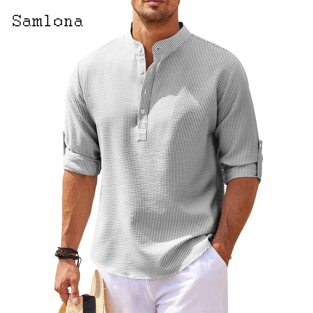 

Plus Size 5xl Mens Elegant Striped Shirt blusas 2024 New Summer Mandarin Collar Shirts Blouse Men Long Sleeve Basic Tops Camisa