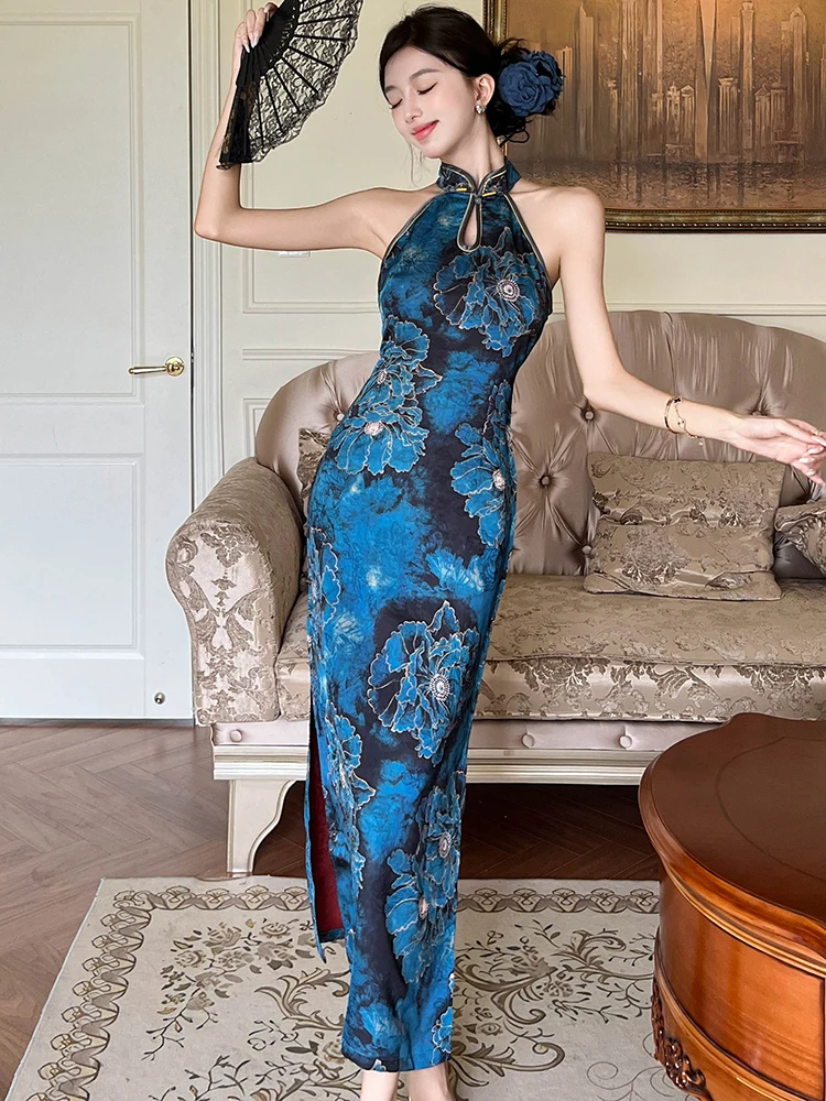 Sommerblaues Satin-Blumen-Chic, am Hals montiertes sexy langes Kleid für Damen, luxuriöses elegantes Abendkleid 2025, koreanisches Vintage-Festivalkleid