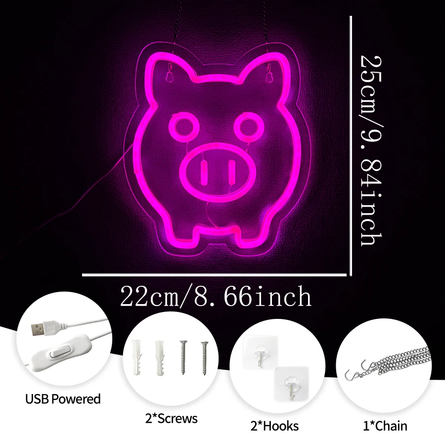 Pig Neon Sign,Animal LED Neon Light for Room Wall Art Decor,USB Light Up Signs for Bedroom,Game Room,Boys Room,Birthday Gifts,