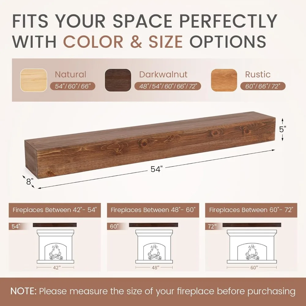 Good Gain Kaminsims 54 Zoll – handgefertigter rustikaler Kaminsims aus massivem Holz, schwebender Kaminsims, Regale, Dekor für Wand, Schlafzimmer, T
