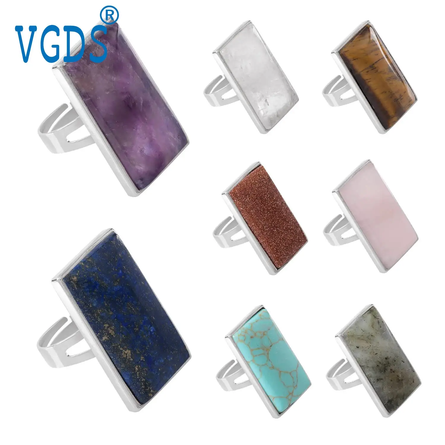 

VGDS Fashion Creative Rectangle Ring Natural Crystal Synthetic Crystal Bonded Metal Table Personalized Versatile Jewelry Handpie