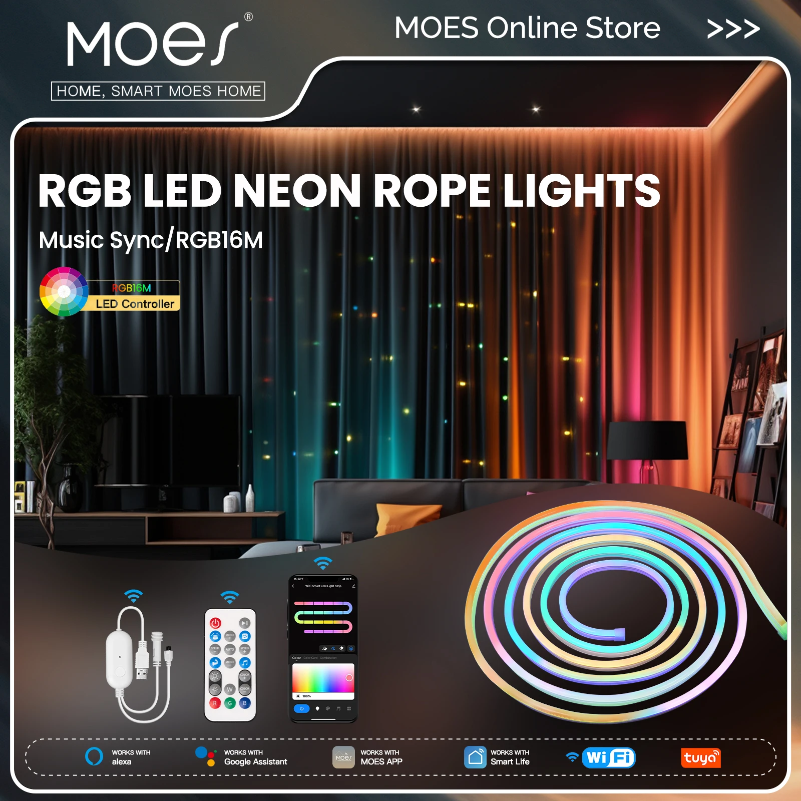 

MOES Wifi Smart Neon LED Light Strip 16 Million RGB Color Rope Lamp for TV Backlight, party Decor Work with Alexa Google Home