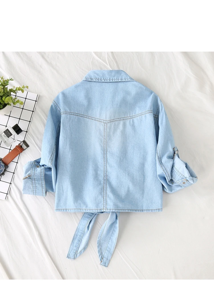 Women\'s short knotted denim shirt small figure with 3/4 sleeves summer slimming, pure cotton, thin sun protection shawl top coat