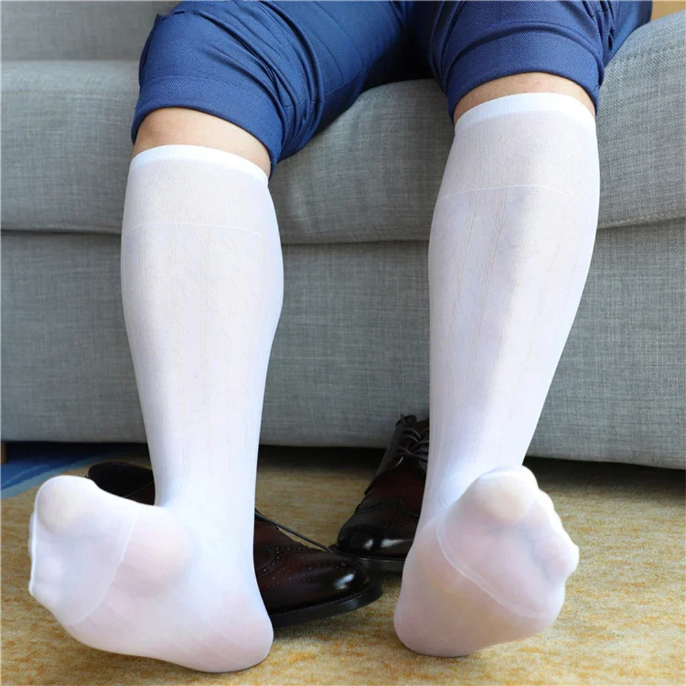 1 Pair Men\'s Sexy Business Socks Knee High Long Striped Formal Dress Silk Sheer Socks Transparent Business Stockings