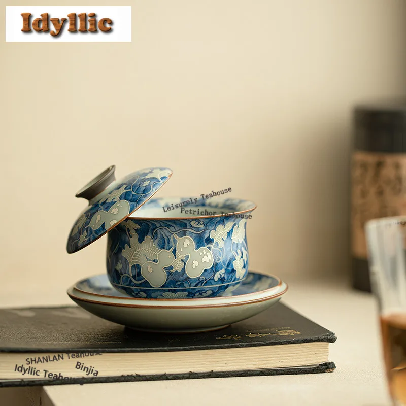 

170 мл Ru Kiln Yuan Синий и Белый Гайвань Винтаж Чайная Варенья Бытовая Чайная Чаша С Крышкой Набор Чайных Чашек Чайные Предметы Подарок