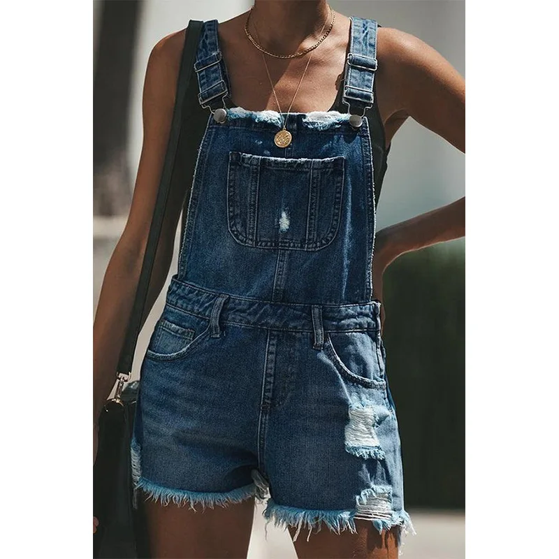 

Spliced Ripped Overalls Women Jean Rompers Denim Shorts Distressed One Piece Backless Sexy Washed Jeans Casual Vintage Hole