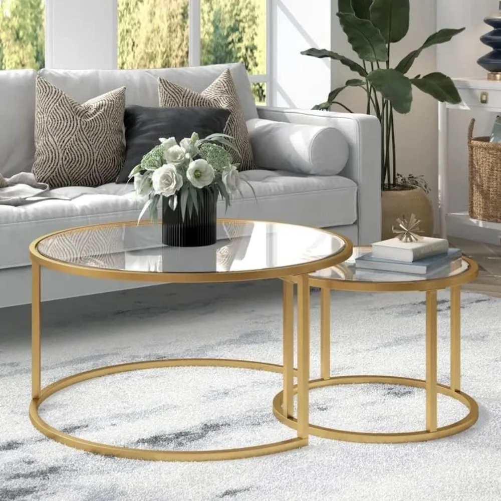 Round Nesting Coffee Table Gold Set of 2 for Living Room, Modern Side Tables with Sturdy Metal Frame and Tempered Glass.Minimali