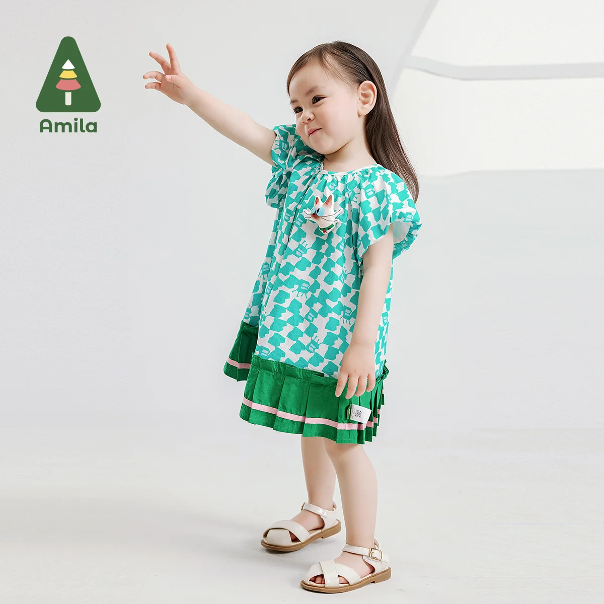 Amila 2024 Summer New Girls Floral Dress Blue Puffed Sleeves Sweet Cute Breathable Dress Kids Clothing 0-6Y