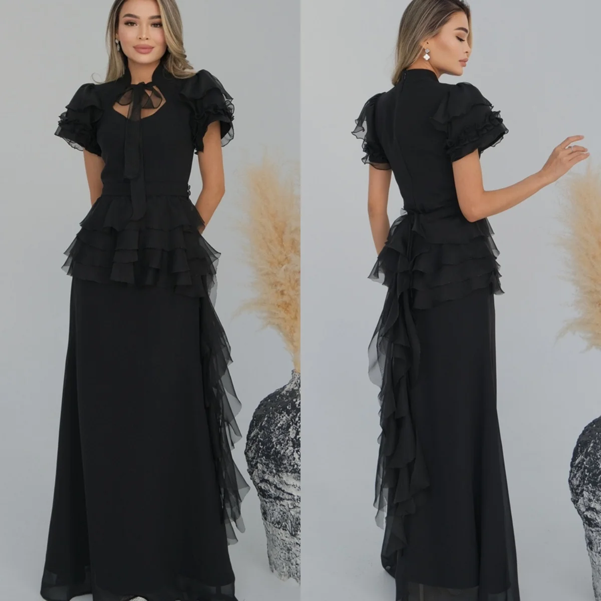 

Customized Classic Black Chiffon Evening Dress High Quality High Neckline Puff Sleeves Short Sleeves Zipper Back Cocktail Dress