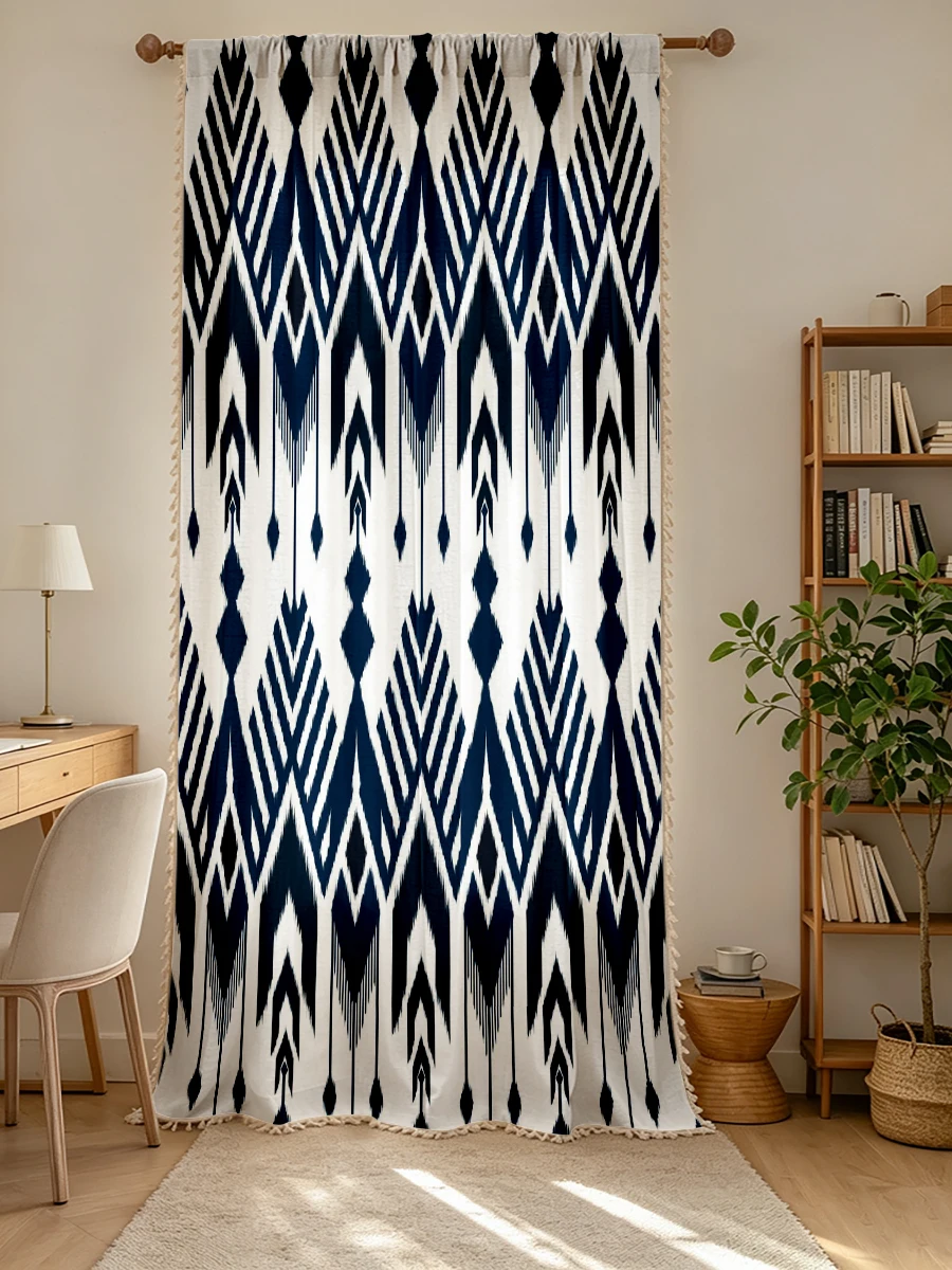 1PC Boho Tassel Sheer Curtains, Navy Ikat Chevron Geometric, Digital Print, Linen Polyester, Bedroom Living Room, Home Decor