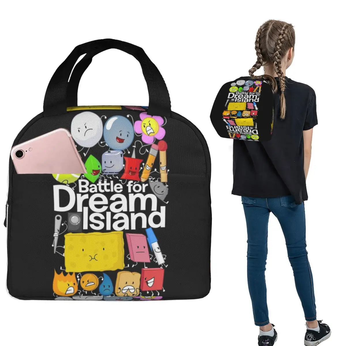 BFDI Poster Black Insulated Lunch Bag for Women Kids Leakproof Food Boxes Thermal Lunch Box Tote
