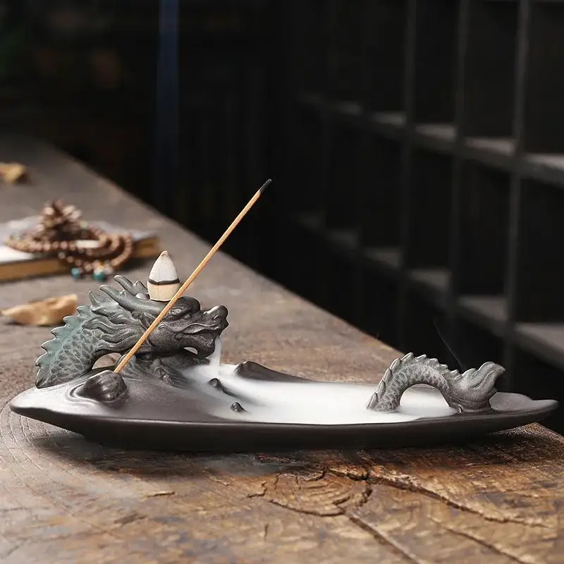 1pc Chinese Lukcy Dragon Design Incense Burner Creative Home Decor Incense Stick Holder Portable Ceramic Censer -Without Incense
