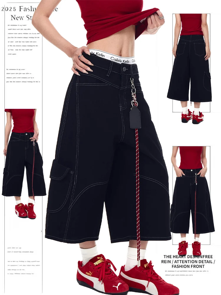 

American Retro Deconstructed Black Workwear Shorts Women's Summer New Design Sense Denim Seven-Quarter Pants Multiple Pockets