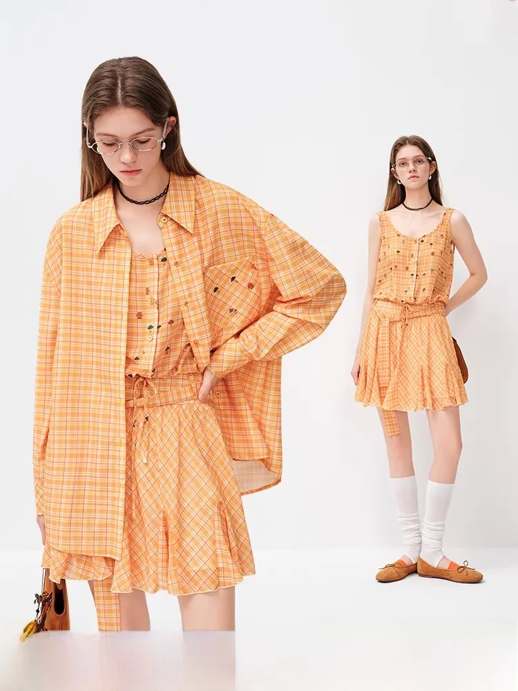 

Vivien Chen Long Sleeve Shirt And Halter Skirt Set Women's Loose Fit Plaid Print Spring 2026 Fashion Three Piece Suit