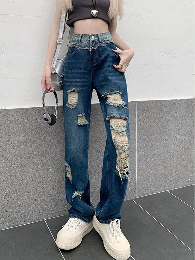 

Y2k Distressed Women Broken Hole Jeans Splice Contrast Color All-Match Vintage Gothic Loose Washed Mopping Pants Chic Streetwear