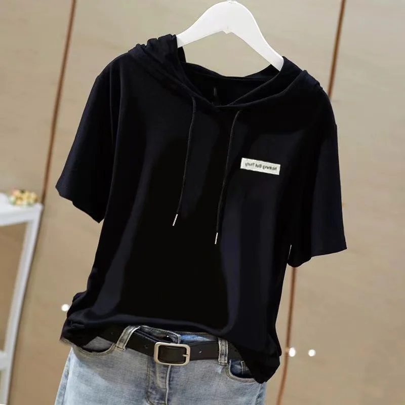 Women\'s 2024 New Summer Solid Color Letter Hood Pullovers Fashion Casual Loose Commuter Versatile Short Sleeve T-shirt Tops